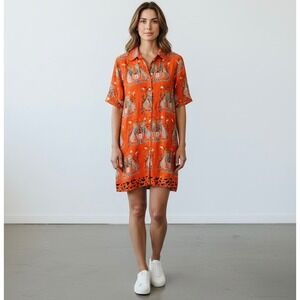 Mary Marshmallow Orange Cotton Leopard Print Short Sleeve Shirt Dress Large